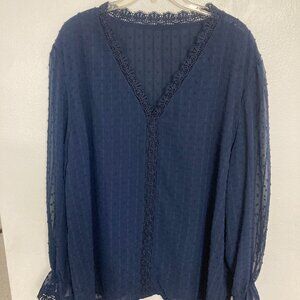 Long Sleeve V Neck Lace Crochet Chiffon Blouse / Blue